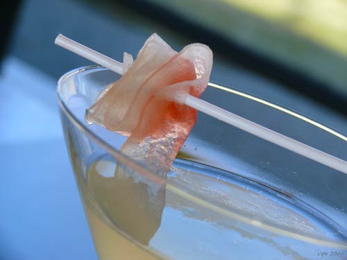 Beer Before Liquor, Never Sicker:  Clarified grapefruit juice, flavored with tarragon, chervil, and elderflower, garnished with watermelon rinds that were vacuum-infused with hops liquor (done in the Rotovap so you get all of the hops flavor but none of the bitterness).