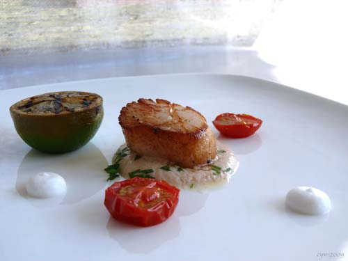 No Diving:  Seared scallop, red onion puree, coconut cream.  Essentially this dish has all the flavors of a ceviche, but is served warm. Another pressure cooker trick:  Onions lose the sulfur notes, leaving pure onion flavor and no stinky onion breath afterwards. Handmade coconut cream beats store-bought cans any day. 