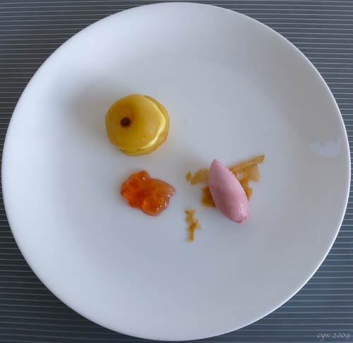 No Scrumping. These words were commonly seen on signs found in orchards back in the day, mostly in reference to apples.  This dish contains all the flavors of an apple strudel, served cold.  The raisins were substituted with grapes.  Alan Richman: “You’ve set a new standard in poached apples.” (Nice.)