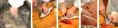 N2O Fish 7 “N2O”: a) ice water and gas with N20; b) cut spine and vessels at head; c) cut spine and vessels at tail; d) bleed in ice water; e) fillet immediately