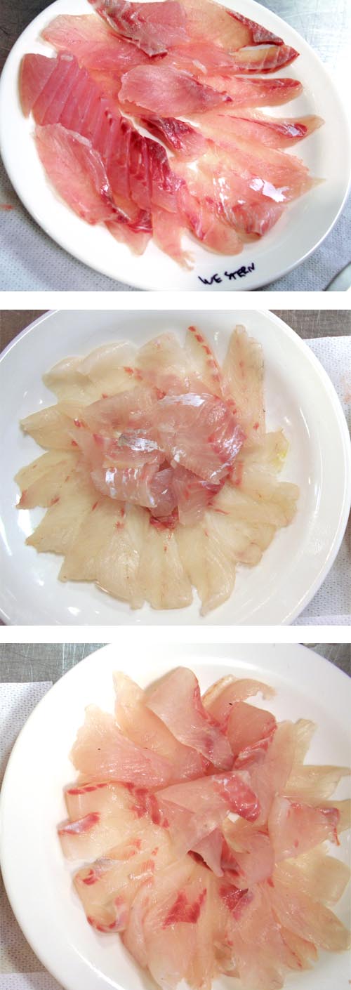 Striper_Western_NoNeedle_Needle Striped bass, no bleed on top, Japanese-bled in the middle,d full Ike Jime on bottom