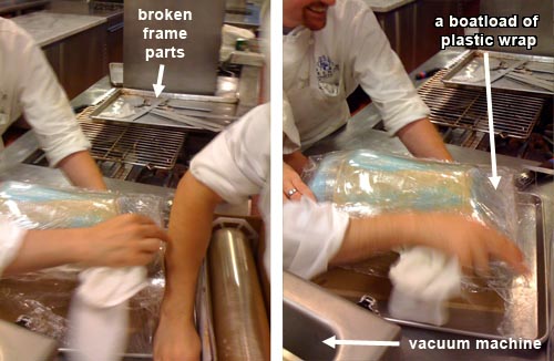 Vacuum forming nightmare. You can see the broken frame in the background and us rushing around trying to seal the thing with plastic wrap.