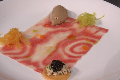 Lamb and yellowtail mokume gane.