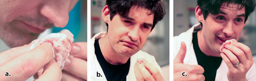 TestingMeatGlue How to test meat glue: a) Rub a lot of meat glue into a piece of raw chicken; b) if it just smells like chicken your glue is no good; c) If it smells like wet dog you're good to go!
