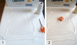 1. Mis en place for the cannonball. Plastic wrap and either butchers twine or a length of twisted plastic wrap to tie off the ball. 2. Put your product in the center of the plastic.  Normally, we would add some meat glue.