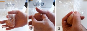 1. Gather up the meat.  2. Use your hand to squeeze out most of the air and form the ball. 3. Make sure to get out the air at the point where the plastic wrap comes together.