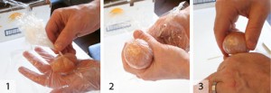 1. Place the cannonball in another piece of plastic wrap. 2. Squeeze the air out and reinforce the ball shape. 3. Twist to lock.