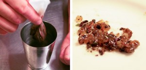 We made a simple syrup out of the shir-khesht manna.  It didn't all dissolve.  Left overs on the right --twigs, leaves, etc.