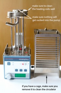 Tips for using a circulator to cook unprotected food.  All of the parts that touch the cooking liquid are food-grade; but the machine isn't NSF rated for direct food contact because the rating would be too costly to obtain.
