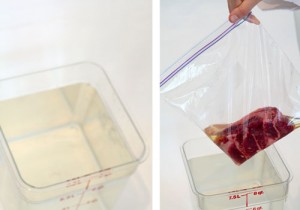 1. Fill a container with enough water to submerge your product. 2. Make sure there is liquid or oil in the bag. Add your product and seal the bag except for one corner.  Put your finger in the open corner and start submerging your bag like it shows in the picture.  Submerging as shown will minimize the amount of trapped air.