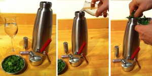 Left: Mis en place --booze, parsley, whipper, N2O cartridge. Middle: pour in booze. Right: stuff in parsley.