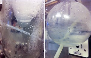 Even though liquid nitrogen is super-cold, you will see liquid water at the bottom of the condesor and in the reciever flask.  This is normal.