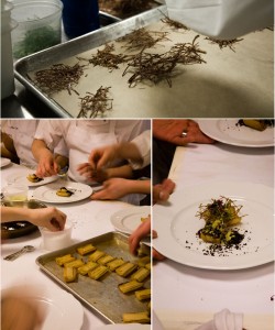 Some plating shots of Wylie's cave man dish. Upper photo is enoki mushrooms dried to look like twigs. Left are the potato "bones" filled with bone marrow gelee. On the right is the process of plating.