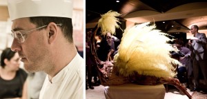 Mark Ladner (on left), actually found whole Ostriches that had been raised by a farmer in New Jersey. He cooked one whole, and had the other tricked out in feathers by coustume designers and presented to the crowd (right).