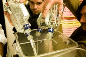 Jamie Gordon on left and Brad Farran on right getting the morning started right by pouring out bottle after bottle of Plymouth Gin for the Root down cocktail.  Brad, head bartender at Clover Club here in NY, is pitching in and working even though he is a customer. Kitchen people are funny that way.