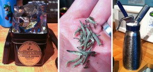 Two left photos: SIlver Needle White Tea. On right, the custom ISI cream whipper given to me by Chef Jeremiah Bullfrog that I used for the infusion.