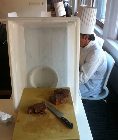My secret slicing station to hide what is going on during taste tests.