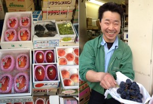 Fruit being sold at Tsukiji Market. The man on the right is holding a bunch of Pione grapes. That bunch cost 40 dollars.